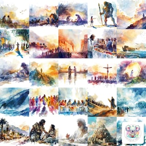Biblische Ereignisse Clipart Sammlung: 25 Aquarell Bilder von Schlüsselmomenten aus der Bibel zum Basteln, für Einladungen und Dekorprojekte
