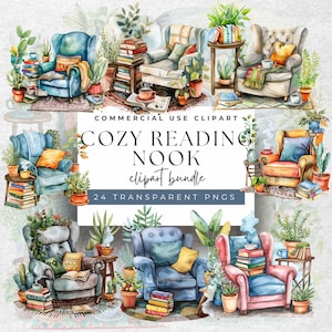 Aquarel Reading Nook Book Lover Clipart - 24 rustige png's, 300 DPI - bibliofiele retraite