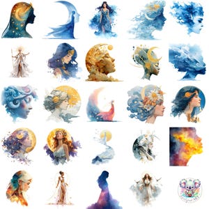 Watercolor Celestial Goddess Clipart PNG, Ethereal Moon & Star Goddess Art, 40 Transparent Fantasy Goddesses for Creative Projects