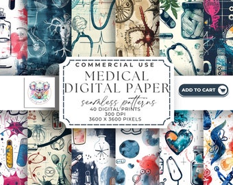 Tonos curativos - Conjunto de patrones de papel sin costuras médicos digitales de acuarela, 40 archivos JPEG de alta resolución de 300 ppp