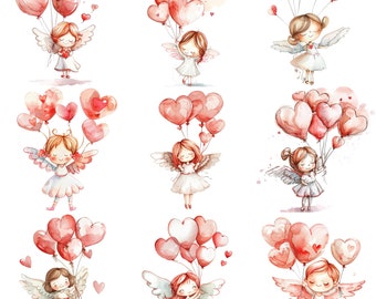 Könnte beinhalten: Neun Aquarell-Illustrationen von Engeln mit Flügeln, die herzförmige Ballons halten. Jeder Engel trägt ein weißes Kleid und hat einen Heiligenschein. Der Hintergrund ist weiß mit ein paar rosa Aquarellspritzer.