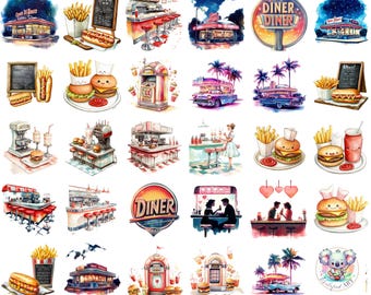 Watercolor 50s Diner Clipart: Retro Food & Neon Signs (PNG Digital Download)