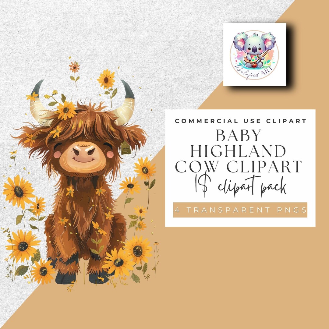 Baby Highland Cow With Sunflowers Clipart - 4 PNG Set - Instant ...