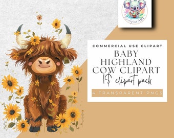 Baby Highland Cow with Sunflowers Clipart - 4 PNG Set - Instant Download