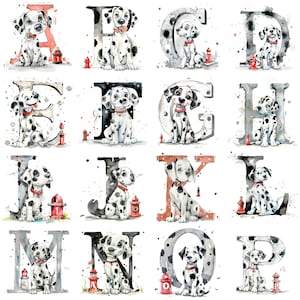 Verspielte Aquarell Dalmatiner Buchstaben Alphabet Clipart PNG: 26 Detaillierte 300 DPI Buchstaben für künstlerische, bildungsbezogene und kreative Projekte