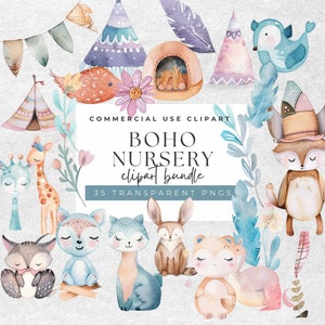 Affascinante Boho Nursery Clipart - 35 PNG trasparenti dell'acquerello / 300 DPI Boho Baby acquerello Clipart, Nursery Animal Clip Art