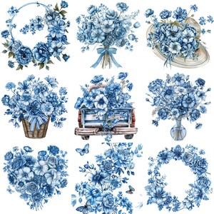 Blue Toile Flowers Clipart: Watercolor PNG Collection (300 DPI)