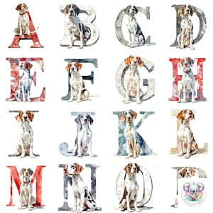 26 Engelse aanwijzer hondenalfabet clipartset – aquarel-geïnspireerde hondenletters voor huisdierthemaprojecten, hondenliefhebbers en educatief decor