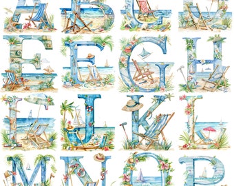 Beach Retirement Alphabet Clipart: 26 PNGs for DIY Projects (300 DPI)