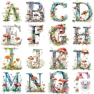 Imágenes prediseñadas de letras del alfabeto de setas PNG: 26 diseños de letras de bosque encantado de alta resolución de 300 DPI para manualidades, invitaciones y decoración mágica