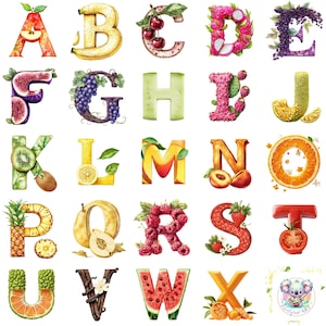 104 imágenes prediseñadas del alfabeto con temática de frutas: letras de frutas ilustradas de la A a la Z con 4 diseños únicos para proyectos educativos y decoración creativa