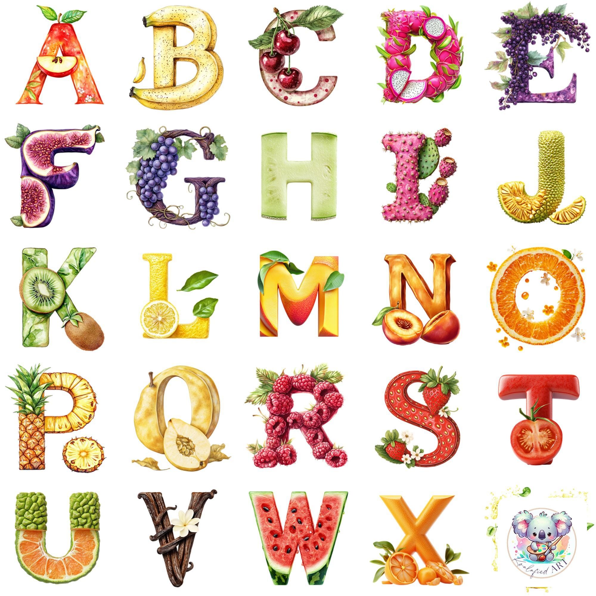 Fruit Alphabet Clipart: A-Z Illustrated Letters (PNG, 300 DPI)