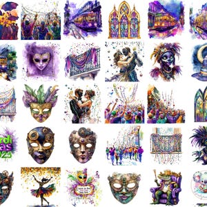 Clipart de acuarela de Mardi Gras: Máscaras y carrozas de carnaval (Descarga digital PNG)