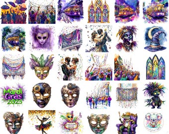 Clipart de acuarela de Mardi Gras: Máscaras y carrozas de carnaval (Descarga digital PNG)