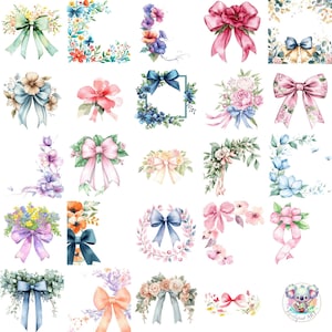 水彩リボンの花のクリップアートPNG、エレガントなリボンと花のブーケ、工芸品やデザインのためのパステルカラーの春のウェディングデコレーションイラスト