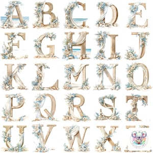 Alfabeto de boda en la playa con acuarela, clipart PNG, letras costeras transparentes con conchas marinas, flores y madera flotante para diseños elegantes
