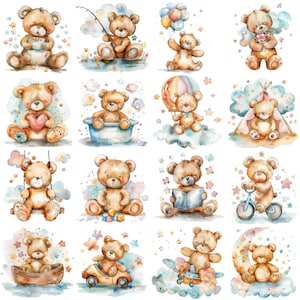 Aquarela arco-íris tema ursinho de pelúcia cliparts PNGs - 30 ilustrações de urso de alta resolução 300 DPI para decoração de chá de bebê e quarto de berçário