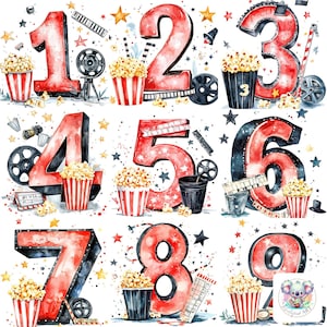 Imágenes prediseñadas de números para la noche de cine PNG: números del 0 al 9 con temática cinematográfica de alta resolución de 300 DPI para manualidades, decoración de fiestas e invitaciones