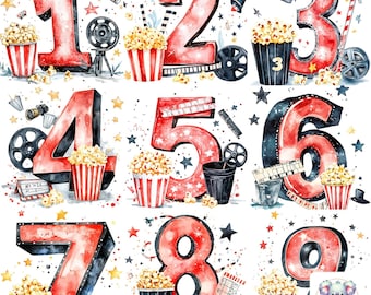 Movie Night Numbers Clipart: Cinema Party Decor (PNG Digital Download)