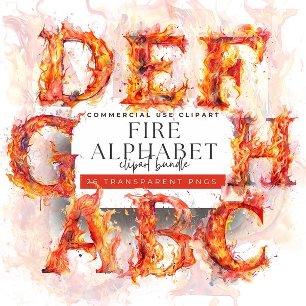 Blazing ABCs - Watercolor Fire Letters Alphabet Clipart - 26 Fiery PNGs, 300 DPI
