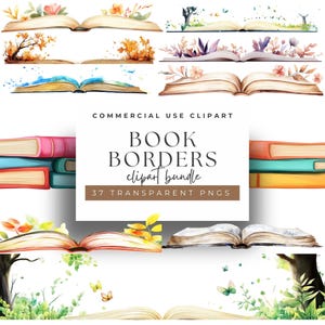 Puede incluir: Un conjunto de 37 bordes de libro de acuarela con varios temas florales y de la naturaleza. Los bordes son perfectos para agregar un toque de fantasía a tus proyectos digitales o impresos. El texto en la imagen dice "Book Borders clipart bundle 37 transparent PNGs".
