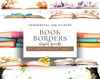 May include: A set of 37 watercolor book borders with various floral and nature themes. The borders are perfect for adding a touch of whimsy to your digital or printed projects.  The text on the image reads "Book Borders clipart bundle 37 transparent PNGs".