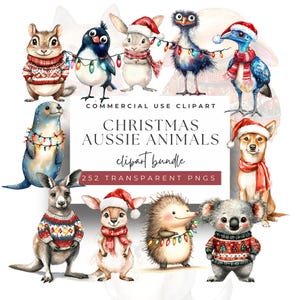Ensemble de cliparts animaux australiens de Noël PNG - 252 illustrations festives avec des chapeaux de père Noël, des pulls et des lumières pour des travaux manuels et une décoration des Fêtes