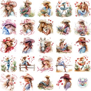 Clipart de vaquera de San Valentín PNG, arte de amor occidental en acuarela, diseños de rodeo con corazones románticos, ilustración de sombrero de vaquero, gráficos de amor campestre
