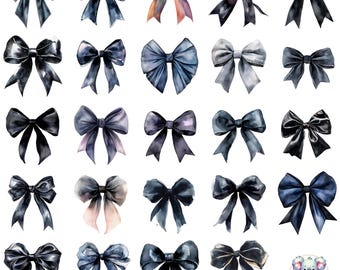 Watercolor Black Bow Clipart: Elegant Satin Ribbons (PNG Digital Download)