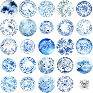 48 Clipart de prato de chinoiserie azul aquarela PNG, designs de porcelana elegantes transparentes com motivos florais e naturais para artesanato vintage