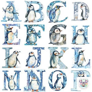 Playful Penguin Paradise Alphabet Letter Alphabet Cliparts PNGs / Conjunto completo de 26 letras a 300 DPI / Perfecto para proyectos de invierno