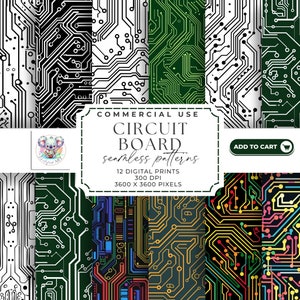Circuito elettronico con motivi senza giunture - Set di 12 JPEG, 300 DPI ad alta risoluzione per progetti fai da te