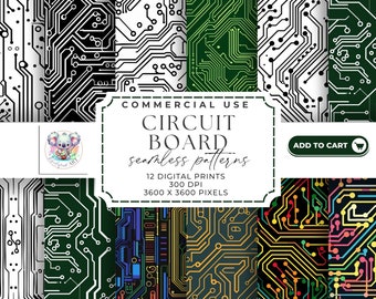 Electronic Seamless Patterns Circuit Board - 12 JPEG Set, High-Resolution 300 DPI for DIY Projects