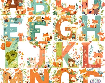 Kawaii Woodland Animals Alphabet Clipart: A-Z PNG Set (Digital Download)