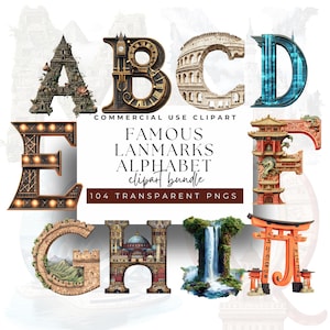 104 beroemde bezienswaardigheden alfabet letters clipart | Letters met oriëntatiepuntthema van A-Z | 4 prachtige ontwerpen per letter | Culturele kunstcollectie reizen