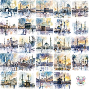 24 Stunning Watercolor Umrah Cliparts for Digital Designs, Scrapbooking - Perfect for Capturing the Spiritual Essence of Islamic Pilgrimage