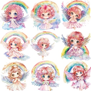 Watercolor Angel Rainbow Cliparts: 12 PNG Illustrations (300 DPI)