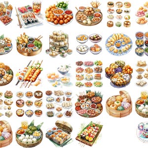 Aquarell asiatische Snacks Clipart PNG, transparente Street Food Art, Dim Sum, Sushi, Spieße & Süßigkeiten für Menüs, lädt ein und basteln