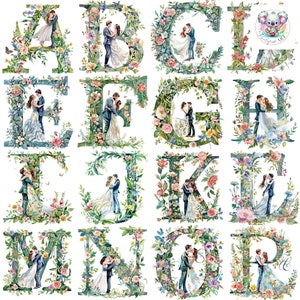 Clipart alphabet jardin mariage PNG : 26 lettres haute résolution 300 ppp sur le thème du mariage floral pour faire-parts, décoration et travaux manuels