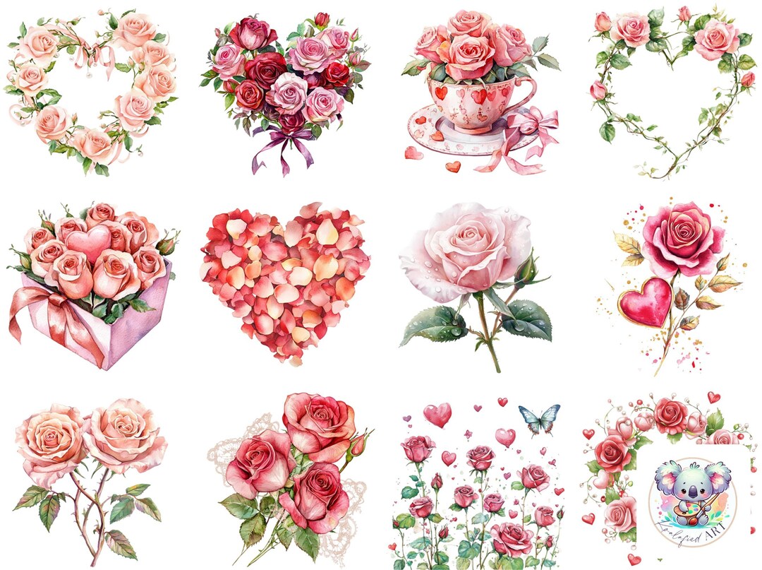 Watercolor Rose Clipart PNG: Floral Heart Art, Valentine's Bouquets ...
