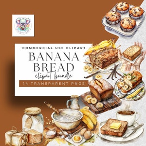 Gourmet Bakes - Encantador clipart de pan de plátano en acuarela - 14 PNG para creativos culinarios, 300 DPI