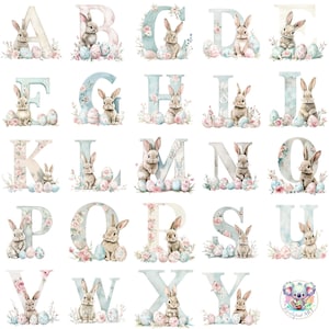 Alfabeto de conejito de Pascua en acuarela, clipart PNG, letras pastel transparentes con conejitos, huevos y flores para manualidades y diseños de primavera