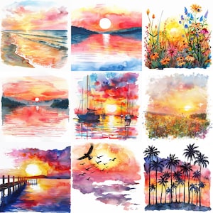 Watercolor Summer Sunset Clipart: High-Resolution PNGs (Digital Download)