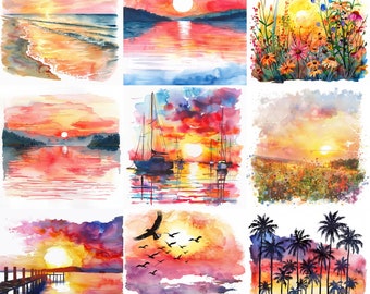 Watercolor Summer Sunset Clipart: High-Resolution PNGs (Digital Download)