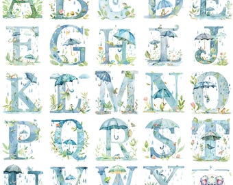 Regnerisches Alphabet Clipart: Verspieltes Aquarell Buchstaben - zum sofortigen Download