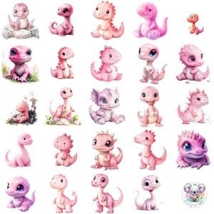 Aquarel roze babydinosaurus clipart png, 46 schattige roze dino-illustraties, transparante pastel dino-kunst voor kinderdagverblijf en kinderdecor