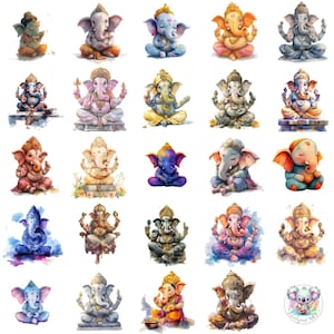 40 aquarel Ganesha-clipart PNG, hindoeïstische godheid kunst, transparante Lord Ganesha-illustraties voor spirituele ambachten en interieurdecoratie