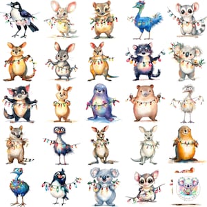 Clipart PNG d'animaux australiens avec des lumières de Noël : 84 illustrations festives pour travaux manuels, invitations et décoration de Noël