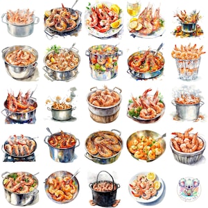 Aquarel garnalen koken clipart png, 46 transparante zeevruchtenkunst met potten, kommen en garnituren voor culinaire en kustontwerpen