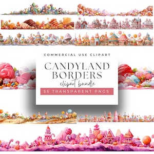 May include: Watercolor clipart bundle featuring colorful Candyland borders. The image includes various candy-themed illustrations, such as lollipops, gingerbread houses, and sweets. The text on the image reads "CANDYLAND BORDERS clipart bundle 55 TRANSPARENT PNGS".